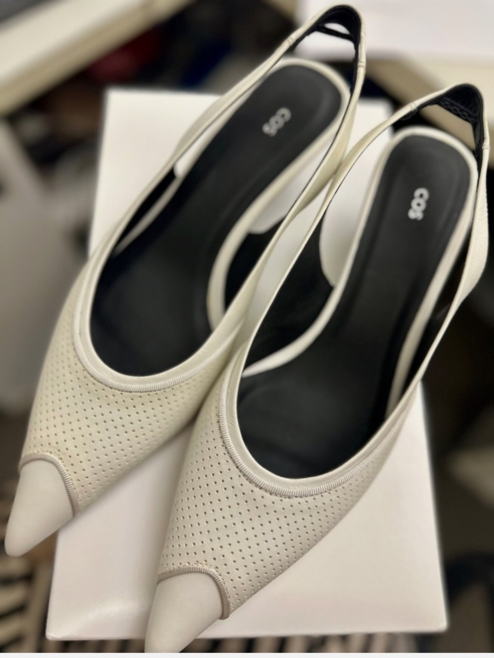 COS white leather pointed toe slingback heels with perforated detailing, size 9